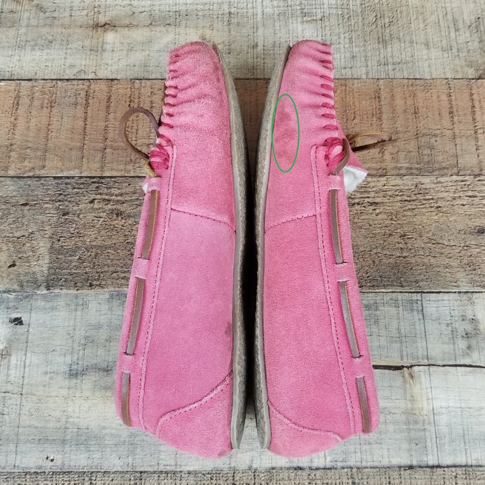 Minnetonka Pink Faux Fur Women Sz 8 Lined Suede Flats Moccasin Slippers Shoes - Picture 7 of 9